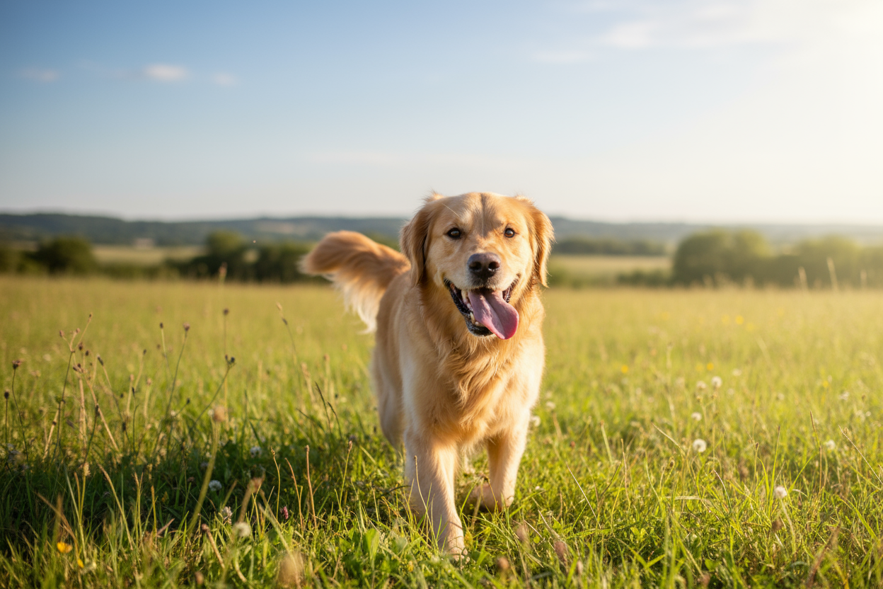 cree la photo realiste d'un chien heureux